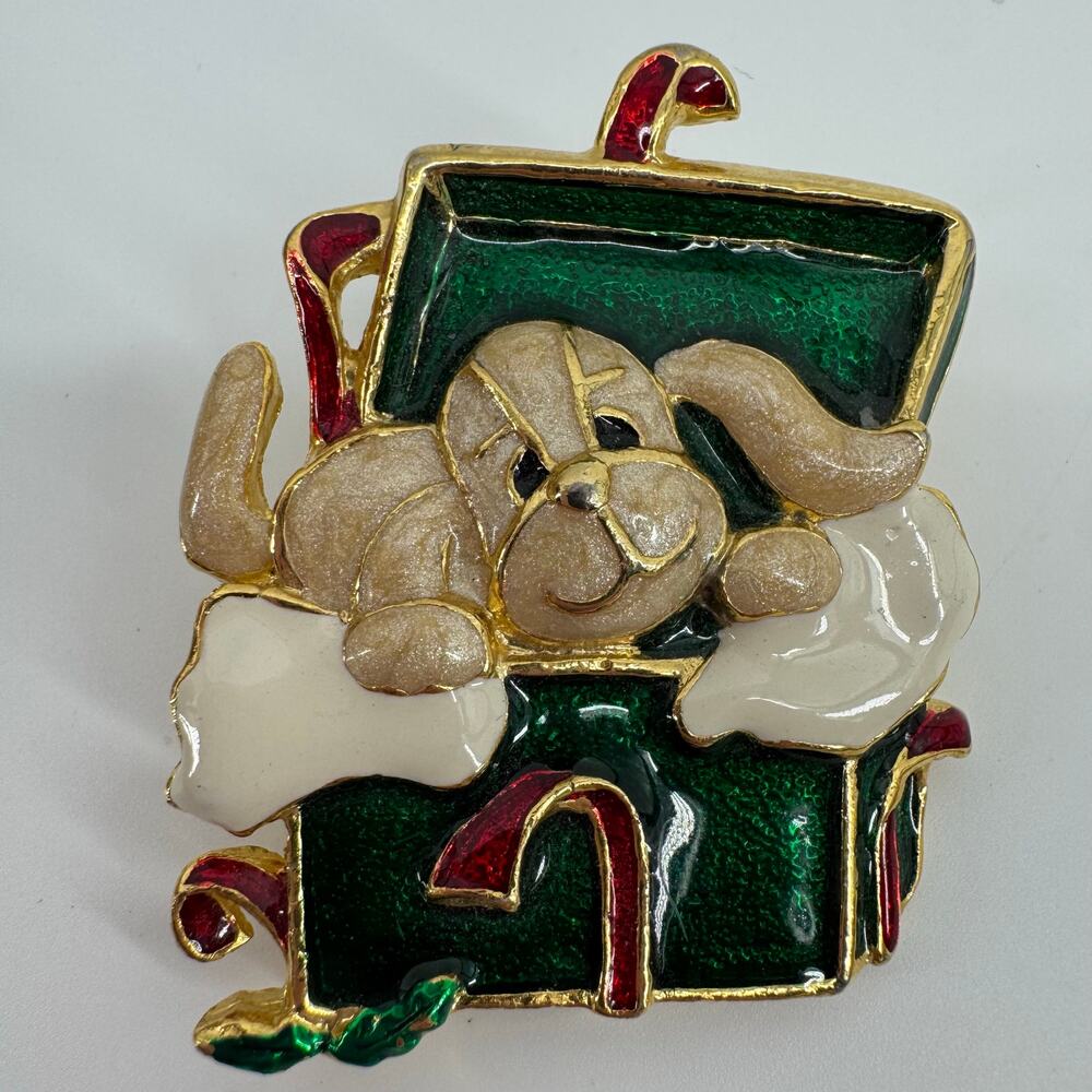 Vintage Enamel Puppy in Gift Box Christmas Brooch Gold Tone Holiday Pin